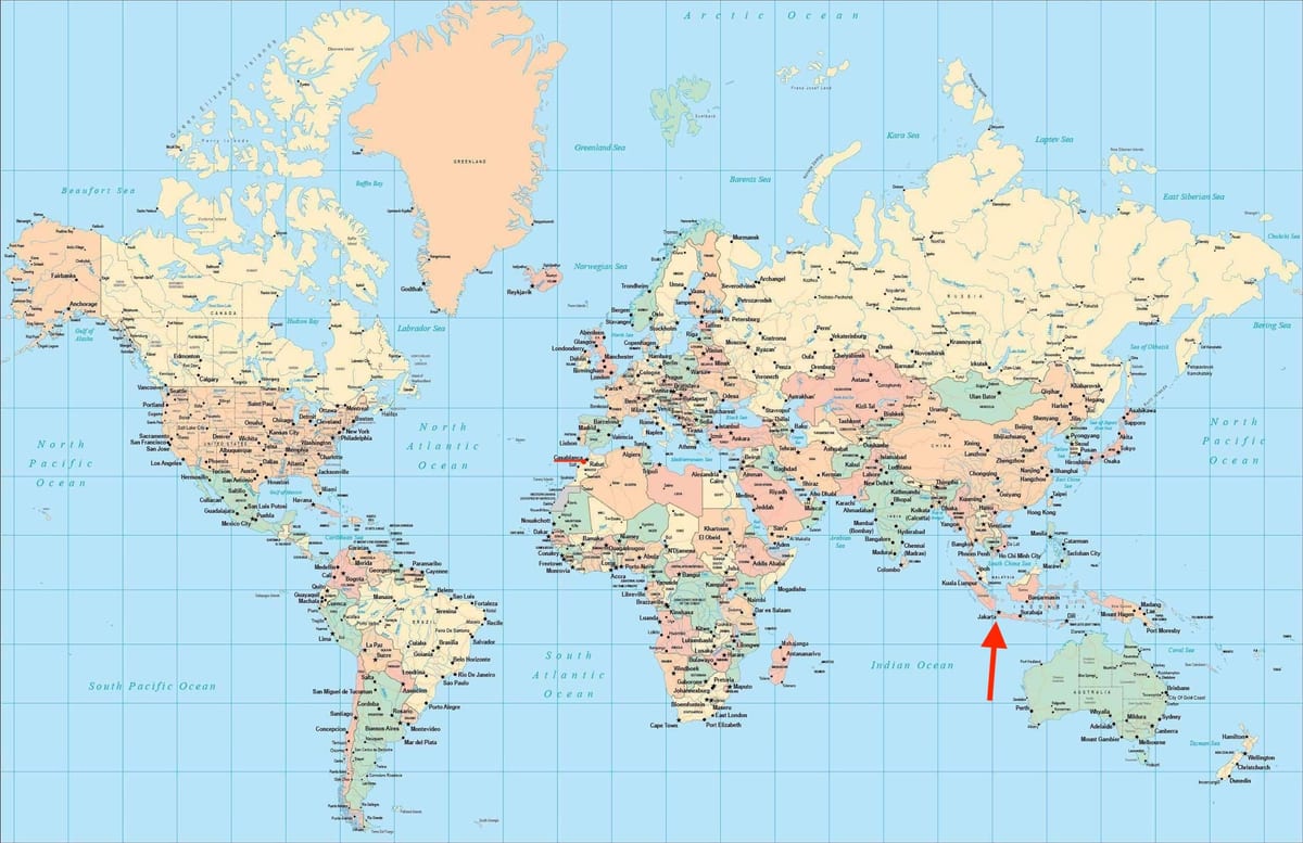 世界地図上のジャカルタの位置